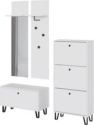 Vicco Espejo de pared Siri, Blanco, Juego con perchero de pared, banco zapatero y mueble zapatero, Vicco