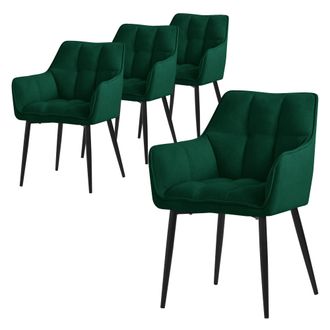 ML Design Ml-design - Set 4x Sillas De Comedor Con Respaldo Y Reposabrazos Asiento Acolchado Verde Oscuro Tapizado De Tejido De Rizo Con Patas De Metal Sill&oacute;n E
