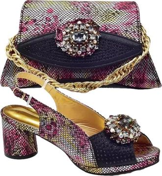 Generic Womens Luxury Shoe and Bag Set Thick Heel Shoes and Gold Chain Handbag Sparkly Rhinestone Flowers Mesh Decoration