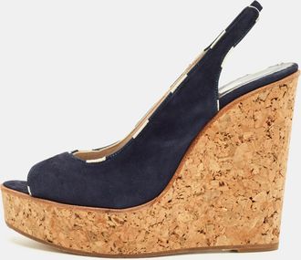 Carolina Herrera Navy Blue Suede Cork Wedge Sandals