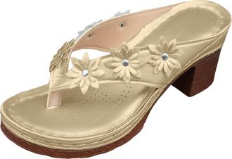 Generic Womens Chunky Heel Flip Flops 2026 Dressy Open Toe Platform Sandals with Rhinestone Flower Summer Beach Walking Shoes Comfortable Wedge Sandal (Gold, 