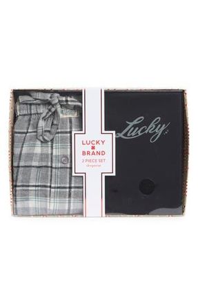 Lucky Brand Thermal Henley & Flannel Pajama Pants Set in Jet Black/December Sky Plaid at Nordstrom Rack, Size X-Large