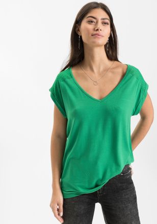Bonprix T-Shirt BONPRIX Shirt aus Viskose-Mix, Damen, Gr. 32/34 (XS), gr&uuml;n, Obermaterial: 95% Viskose, 5% Elasthan. Spitze: 95% Polyamid, 5% Elasthan, loose f