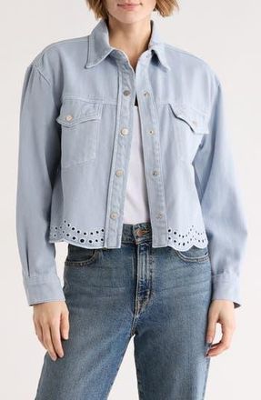 Daniel Rainn Embroidered Eyelet Scallop Crop Denim Jacket in Washed Blue at Nordstrom Rack, Size X-Small