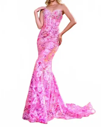 Portia & Scarlett Strapless Long Gown In Pink Multi