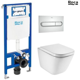 Roca Roca - Bastidor Duplo Con Cisterna Empotrada, Pulsador Pl1 Cromo Br Con Inodoro Suspendido The Gap Con Sistema Rimless