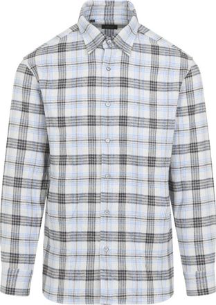 Brioni Hidden Macro Check Shirt - Heren - Casual Overhemden - Blauw - L - Katoen - Overhemden