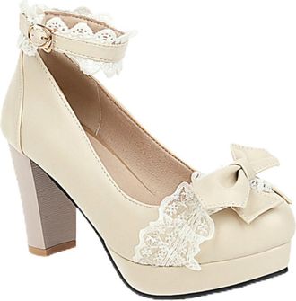 Generic Womens Chunky Heel Lolita Shoes Platform Ankle Strap Pumps Sweet Style Mary Jane Heels for Party,Beige,7.5 UK