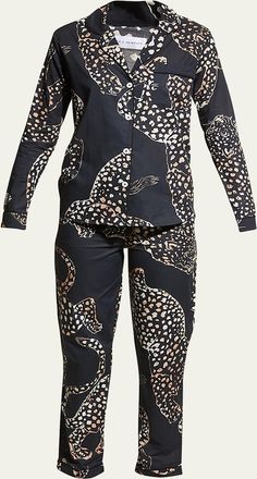 Desmond & Dempsey The Navy Jag Print Cotton Long Pajama Set