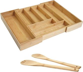 Hhg Nunca Usado] Cubertero + Servidores De Ensalada Hhg 928, Caj&oacute;n Insertable Bandeja De Vajilla Cuberter&iacute;a De Servicio Accesorios De Cocina, Bamb&uacute;