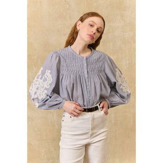 Louise Misha Gestreepte en geborduurde blouse met lange mouwen en ronde hals, JALLY