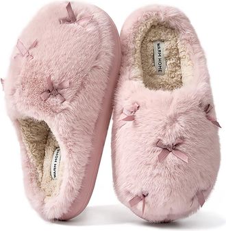 Adax Fluffy Slippers for Women, Cuddly Plush Slippers with Memory Foam, Warm Faux Fur Lining and Bow Accent Slippers with Non-Slip Outsole for Indoor and O
