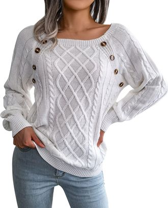 Generic Knitted Sweater Crewneck Pullover for Women Jumper Womens Square Neck Button Cable Knit Long Sleeve Casual Loose Pullover Sweater Top Quarter Men (Whi
