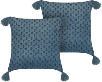 Beliani Set of 2 Decorative Cushions RIBES Velvet 45 x 45 cm Dark Blue Floral Pattern