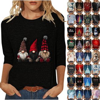 Generic Christmas Tops for Women Novelty Funny Xmas Tees Elk Snowman Print 3/4 Sleeeve Blouse Lightweight Christmas Jumpers Xmas T Shirts Women Holiday Tunic 