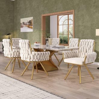 Matteo Set of 6 Plush Velvet Swivel Dining Armchairs with Metal Legs - Beige