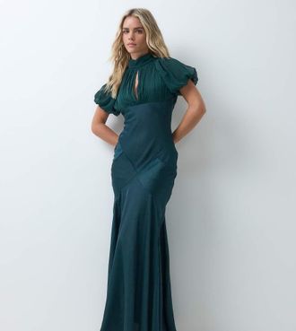 Asos Petite ASOS DESIGN Petite vestito maxi in misto raso e chiffon con manica a palloncino, verde petrolio-Nero