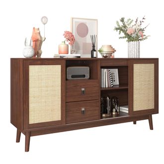 STILVORA Aparador Con 3 Puertas Correderas De Rat&aacute;n Y 2 Cajones, Estilo Natural, En Mdf, 155&times;38&times;80 Cm, Madera