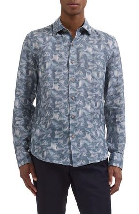 Bugatchi Julian Shaped Fit Abstract Leaf Print Linen Button-Up Shirt in Ether at Nordstrom, Size Xxx-Large