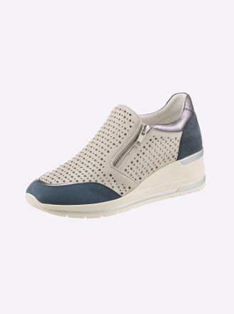 Casual Looks Slipper CASUAL LOOKS, Damen, Gr. 39, grau (taupe, marine), Glattleder, Veloursleder, Schuhe Slipper