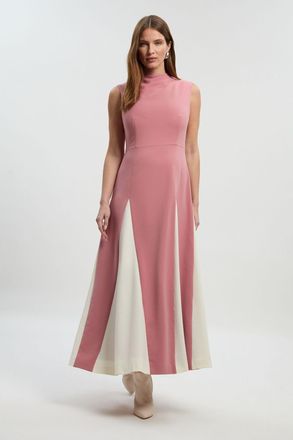 Karen Millen Womens Compact Stretch Tailored Colour Block Full Skirted Midi Dress - Rose - Size 14 UK