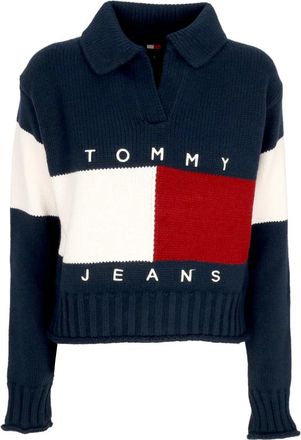 Tommy Hilfiger Rugby Style Flag Sweater Donker Marineblauw - Dames - V-hals truien - Blauw - M - Wol - Truien & Vesten