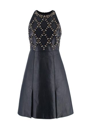 Erdem Navy Leather Floral Crystal Embellished Mini Dress Size XS