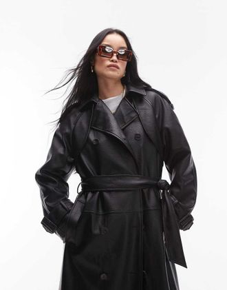 Topshop Trench in pelle sintetica nera zigrinata-Nero