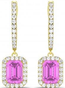 Allurez Emerald Shape Lab Pink Sapphire & Diamond Halo Dangling Earrings 14k Yellow Gold (1.90ct)