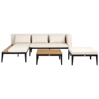 Beliani Conjunto De Jard&iacute;n 3 Plazas De Madera De Acacia Certificada Sof&aacute; Esquinero Con Mesa De Centro Y Otomana Cojines Beige Claro Derecho Bracciano