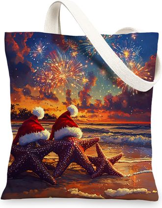 Generic Beach Christmas Starfish Canvas Tote Bag for Shopping 13x15, Coastal Xmas Fireworks Scenic Reusable Grocery Print Pattern Bag for Women, Holiday Beach