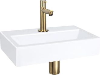 Differnz Flat fonteinset - 38x24x8cm - Rechthoek - 1 kraangat - Recht matte gouden kraan - Keramiek Wit