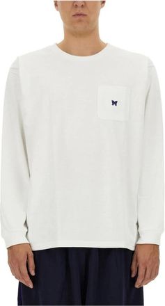 Needles T-shirt met lange mouwen en zak met vlinderborduurwerk - Heren - Longsleeves - Wit - S - Tops