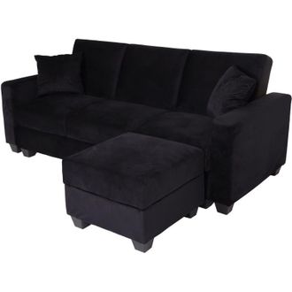 Hhg Non utilizzato] Divano letto angolare contenitore con penisola sof&agrave; reclinabile HHG 539 legno velluto nero