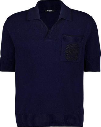 Balmain &Eacute;cusson Geborduurd Gebreid Poloshirt - Heren - V-hals truien - Blauw - L - Katoen - Truien & Vesten