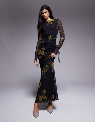 Asos Vestito lungo a maniche lunghe con fascette e stampa a fiori-Multicolore