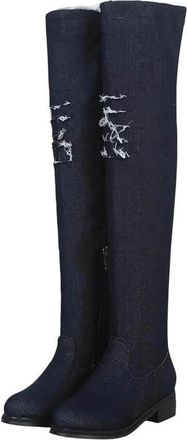 Generic Womens Knee High Boots Square Heel Denim Fabric Low Heel Women Shoes