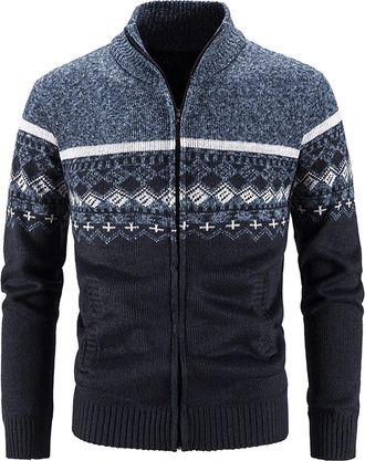 Generic MenS Winter Knit Cardigan, MenS Zip-Up Fleece-Lined Sweater, MenS Warm Fair Isle Pattern Jacket, MenS Thick Thermal Knitted Outerwear, MenS Cozy Full-