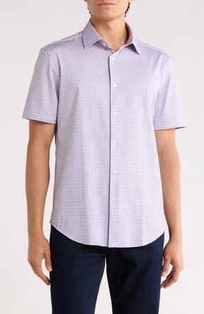 Bugatchi Plaid Stretch Cotton Short Sleeve Button-Up Shirt in Pink at Nordstrom Rack, Size Xxx-Large