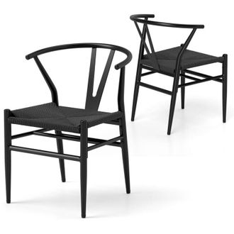 Costway Set di 2 Sedie Sala da Pranzo, Sedie Moderna in Metallo con Seduta Intrecciato, Schienale a Forma di Y e Braccioli, Poltrone per Ufficio