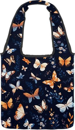 Generic Colorful Art Butterfly Reversible Canvas Shoulder Tote - Double-Sided Print, 12oz Cotton, 27cm Drop, Fold-Flat Bag for Travel, Shopping, Street Outing