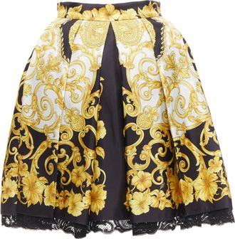 Versace silk Barocco Hibiscus print lace trimmed skirt