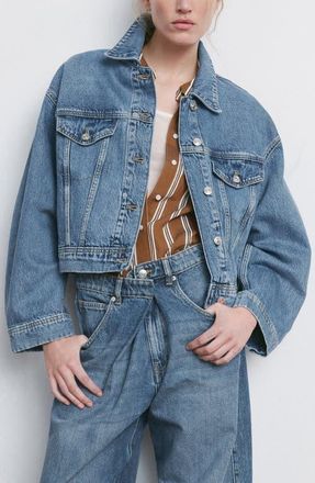 Mango Oversize Crop Denim Jacket in Medium Blue at Nordstrom, Size X-Large