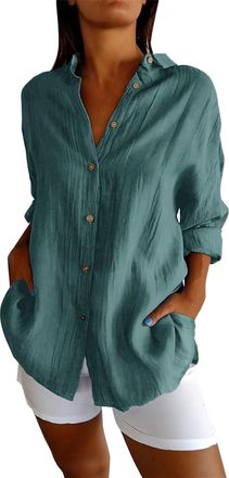 Generic Womens Cotton and Linen Casual Single-Breasted Pleated Lapel Shirt, Summer V Neck Solid Shirts Work Tops (Dark Green,L)