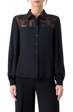 Akris Sequin Yoke Silk Crepe Button-Up Shirt in Black at Nordstrom, Size 10