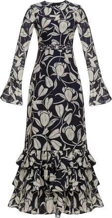 Agua Bendita Maxi Linnen Jurk Citrus Flora - Dames - Maxi kleedjes - Blauw - XS - Linnen - Kleedjes