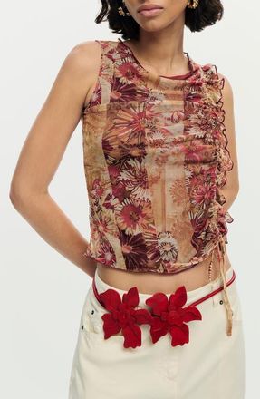 Desigual Cinched Tie Sleeveless Crop T-Shirt in Orange Multi at Nordstrom, Size X-Large