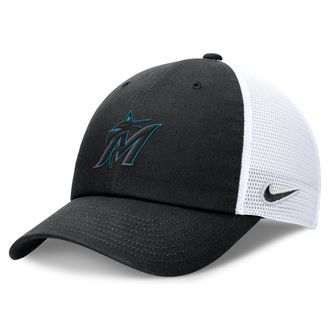 Nike Miami Marlins Evergreen Club Nike Mens MLB Trucker Adjustable Hat in Black | NB03093NMQM-BEE