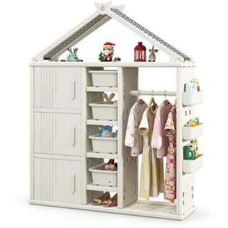 Costway Libreria per bambini, armadio appendiabiti, organizer per vestiti con contenitore, ripiani, cestino laterale, bianco