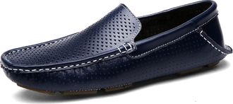 Generic for Men Mens Loafers Shoe Breathable Genuine Leather Perforated Stitching Details Flat Heel Lightweight Flexible Comfortable Wedding Slip On(Navy,5.5 